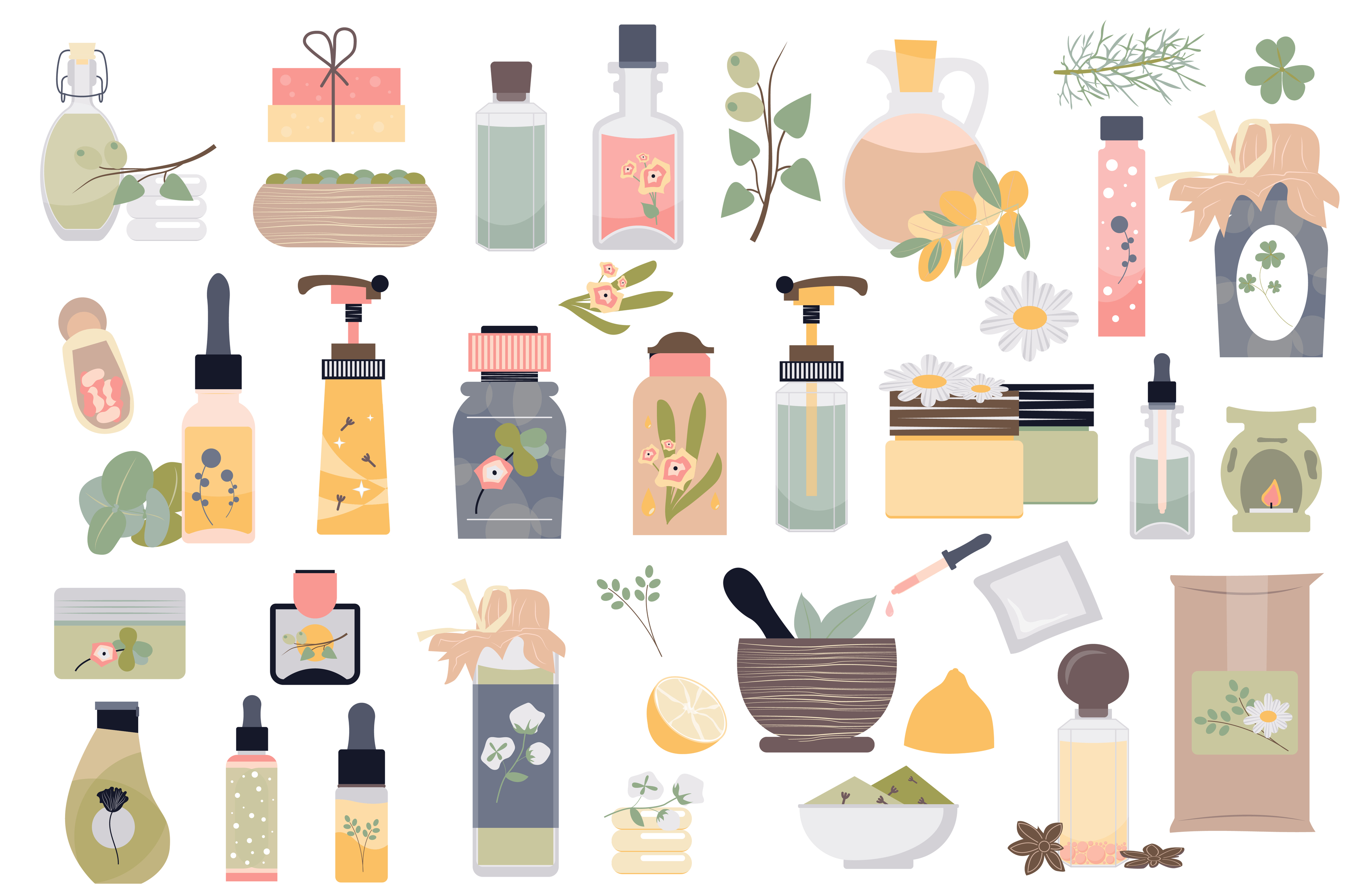 Spa and organic cosmetics isolated elements set. Collection of different  types of bottles with skin care products, fruits, herbs and flowers  compositions. Vector illustration in flat cartoon design 4761616 Vector Art  at