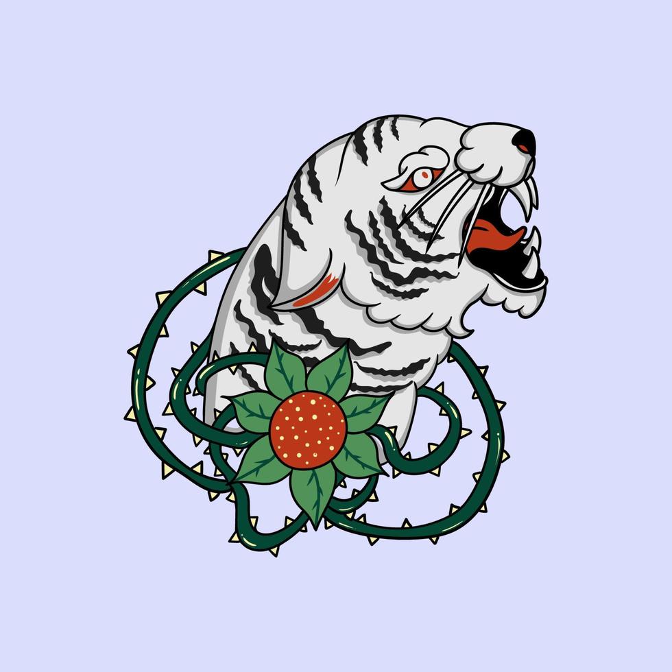 cabeza de tigre blanco con ilustración de flor vector