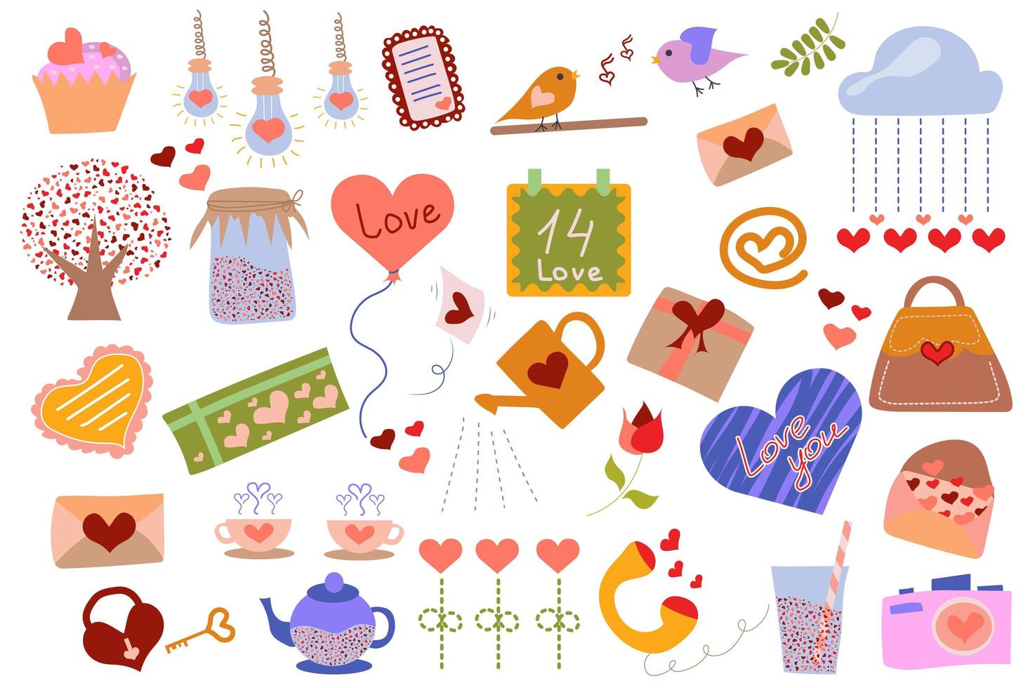 Conjunto de elementos aislados del día de San Valentín. colección de regalo, corazón, cupcake, pájaro, letra, nube, globo, candado, llave y otros. Composiciones de vacaciones románticas. ilustración vectorial en diseño plano de dibujos animados vector