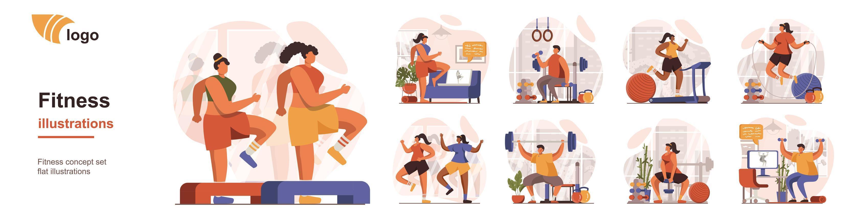 Fitness at gym concept isolated person situations. Collection of scenes with people do aerobics or weightlifting, exercise on simulators, home workouts. Mega set. Vector illustration in flat design