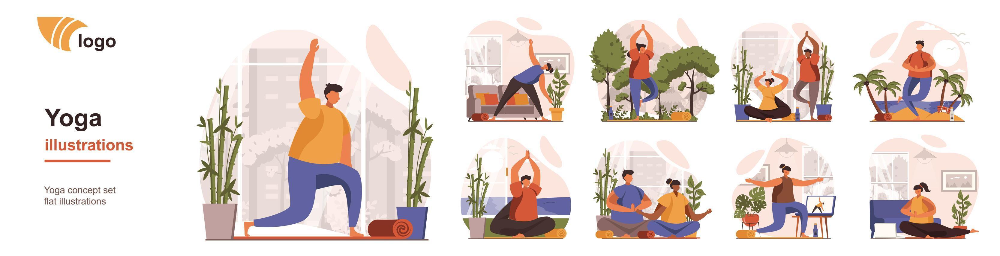 concepto de formación de yoga situaciones de persona aislada. colección de escenas con personas que realizan asanas de yoga, meditación, relajación, bienestar y estilo de vida saludable. mega set. ilustración vectorial en diseño plano vector