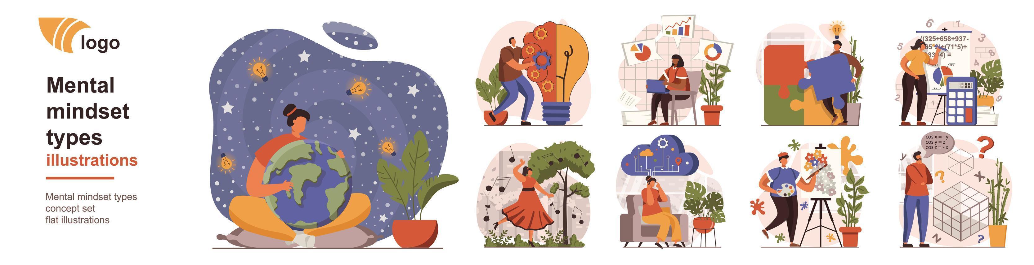 Mental mindset types concept isolated person situations. Collection of scenes people with logical, structural, creative, abstract, imaginative thinking. Mega set. Vector illustration in flat design