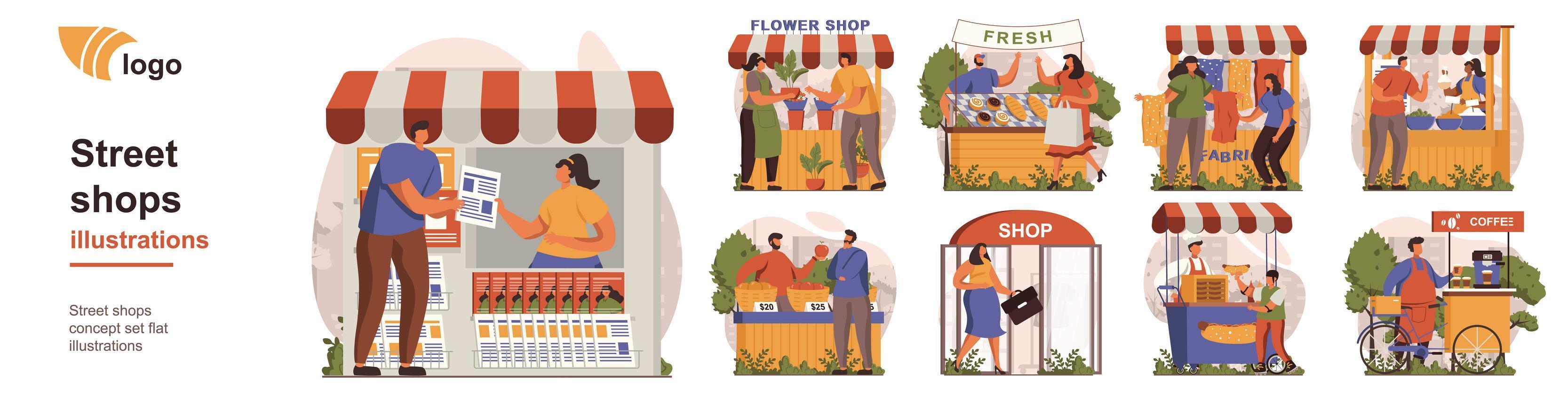 concepto de tiendas de la calle situaciones de persona aislada. colección de escenas con personas comprando periódicos, flores, comida fresca, comida rápida o café en las tiendas. mega set. ilustración vectorial en diseño plano vector