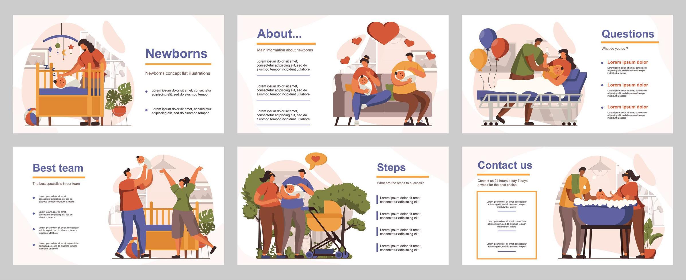 Newborns concept for presentation slide template. People take care children, young mothers and fathers with kids, families with newborns baby. Vector illustration with flat persons for layout design