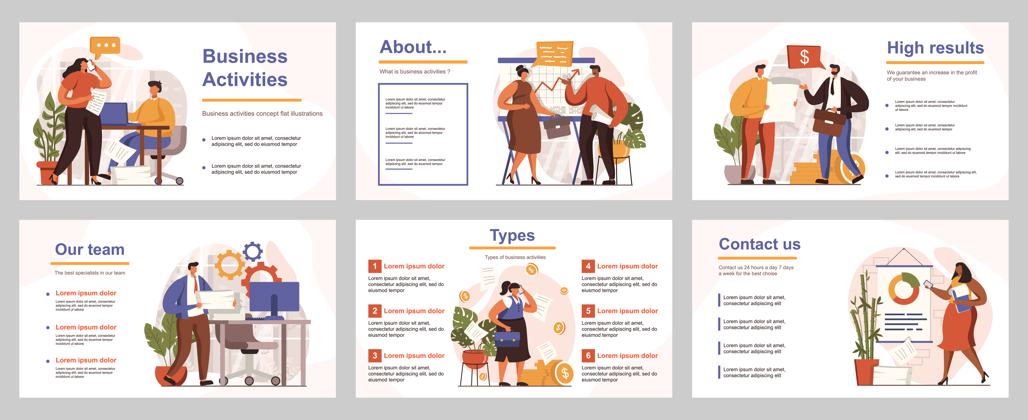 Business activities concept for presentation slide template. People performing tasks, analyze