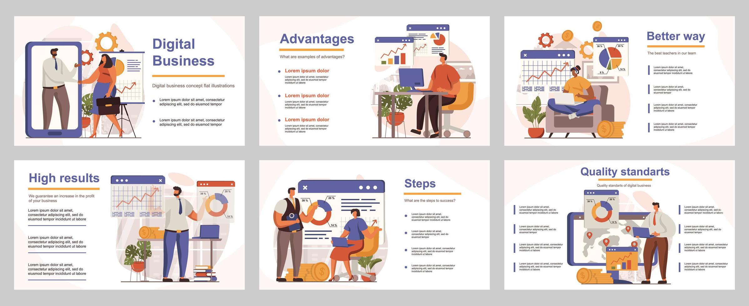 concepto de negocio digital para la plantilla de diapositiva de presentación. la gente analiza datos financieros, crea estrategia, investigación de mercados, desarrollo. ilustración vectorial con personas planas para el diseño de diseño vector