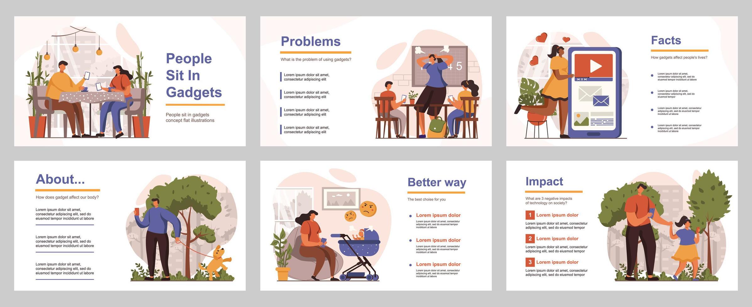 People sit in gadgets concept for presentation slide template. Men, women and kids spend time in smartphones, unhealthy habit and addiction. Vector illustration with flat persons for layout design