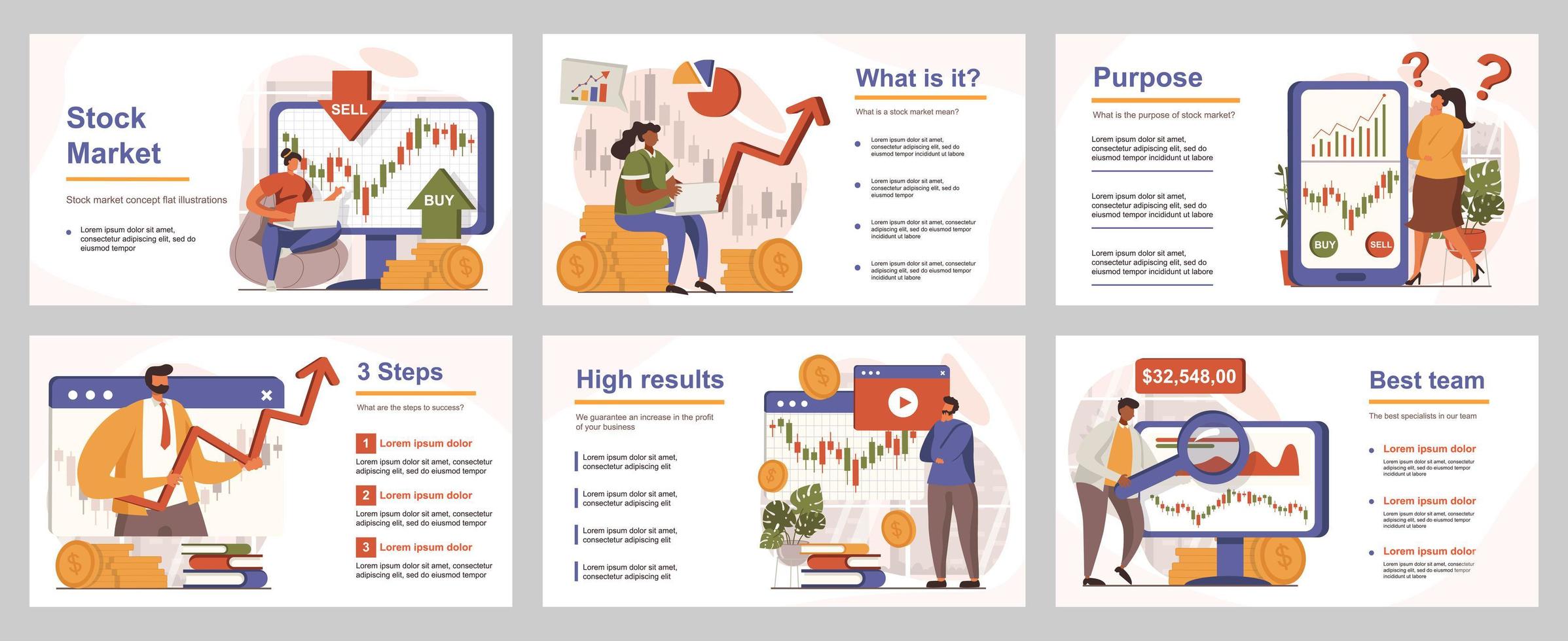 Stock market concept for presentation slide template. People analyze financial data, brokers buy or sell, create success investment strategy. Vector illustration with flat persons for layout design