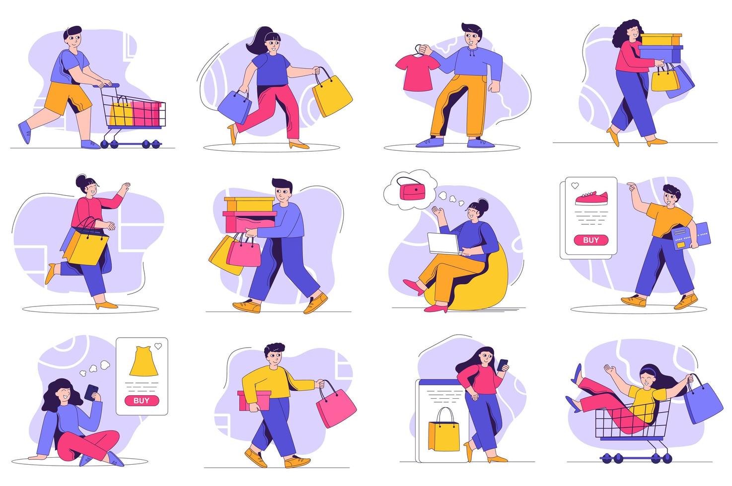 Shopping concept isolated person situations. Collection of scenes with people customers with carts and bags make purchases at sales in stores or online. Mega set. Vector illustration in flat design