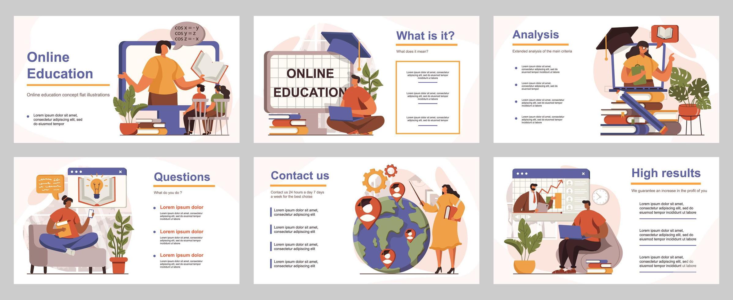 Online education concept for presentation slide template. People learning from video lessons, watch seminars, students training at webinars. Vector illustration with flat persons for layout design