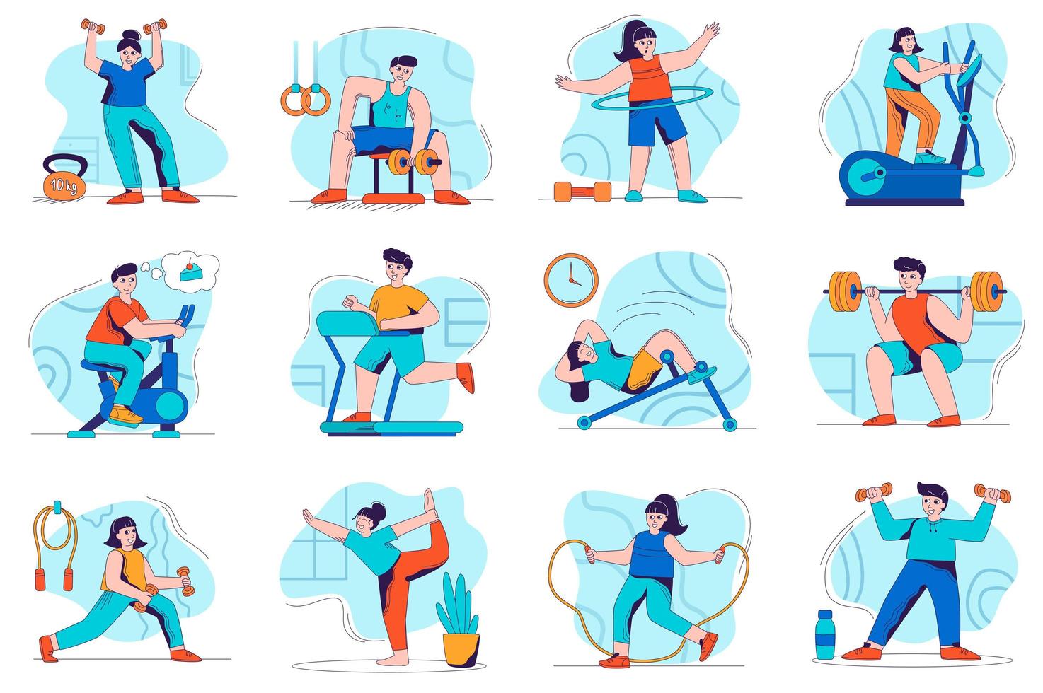 Fitness concept isolated person situations. Collection of scenes with people exercise at gym, doing weightlifting, cycling, doing yoga or jumping rope. Mega set. Vector illustration in flat design