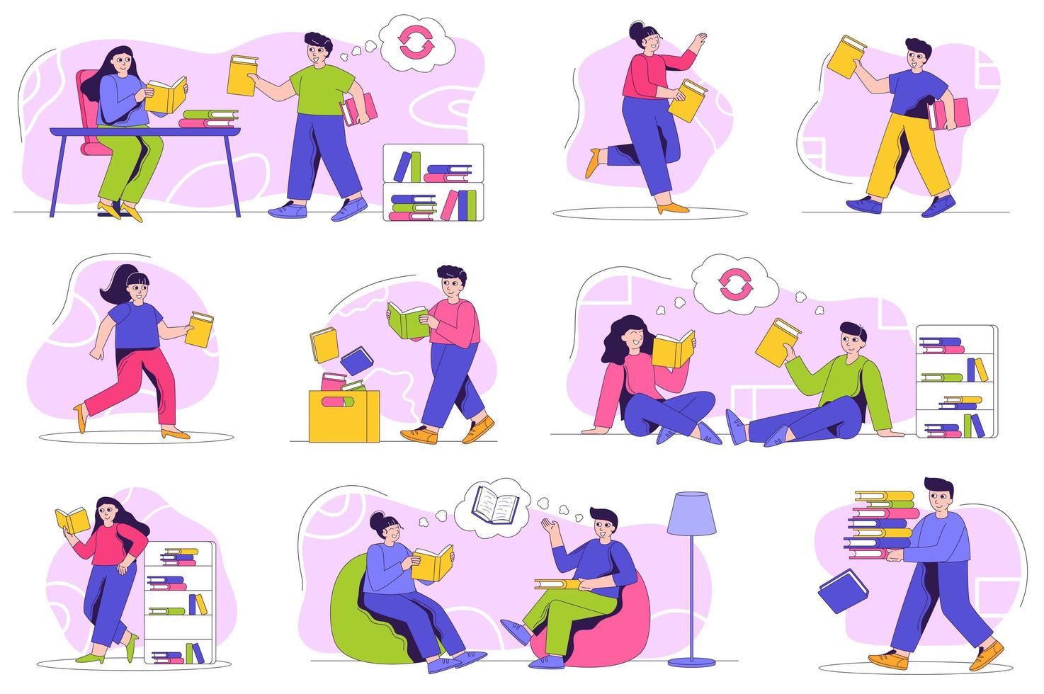 Bookcrossing concept isolated person situations. Collection of scenes with people reading books, exchanging, borrowing and recommend different literature. Mega set. Vector illustration in flat design