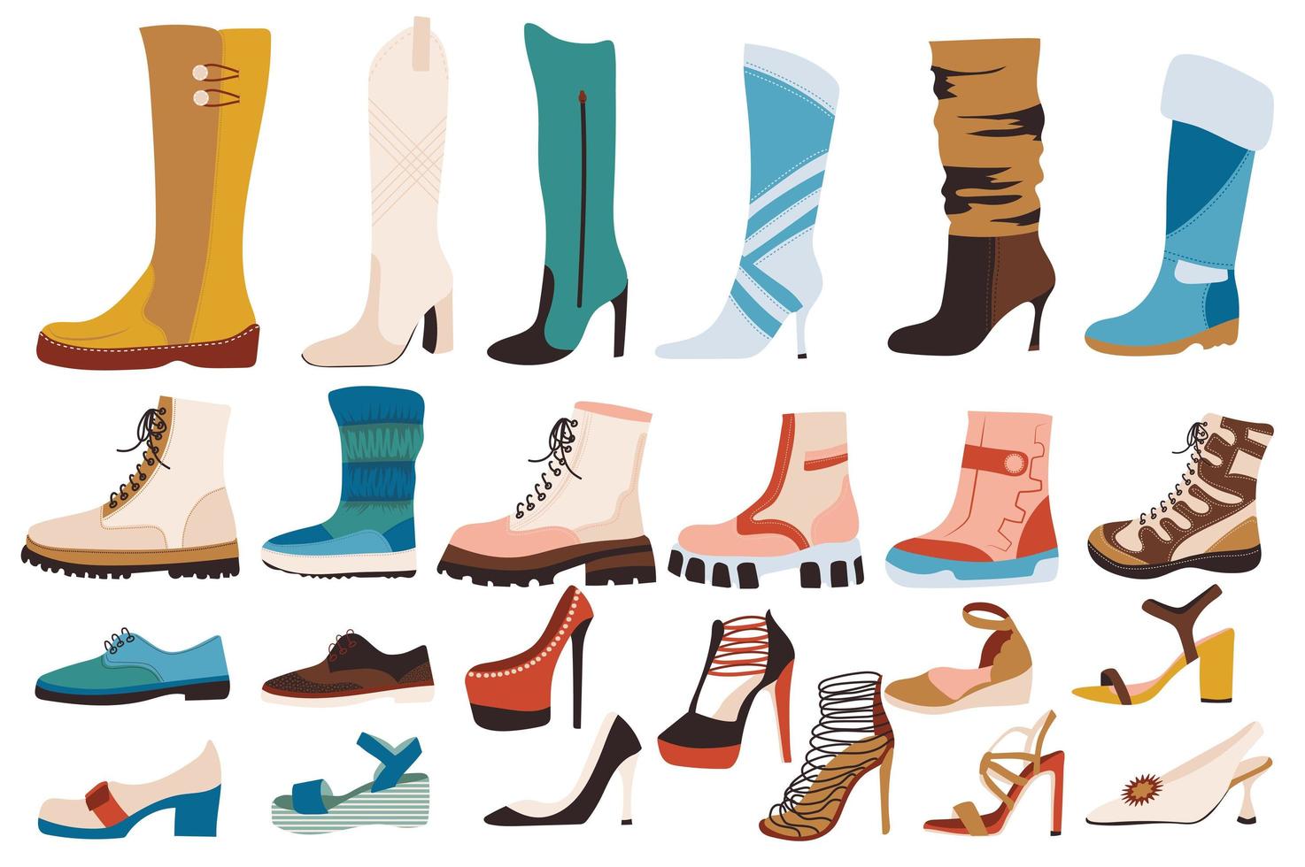 zapatos y botas conjunto de elementos aislados. colección de mujer y hombre de diferentes tipos de zapatos con plataforma, tacones o cordones. Composiciones de tienda de calzado. ilustración vectorial en diseño plano de dibujos animados vector