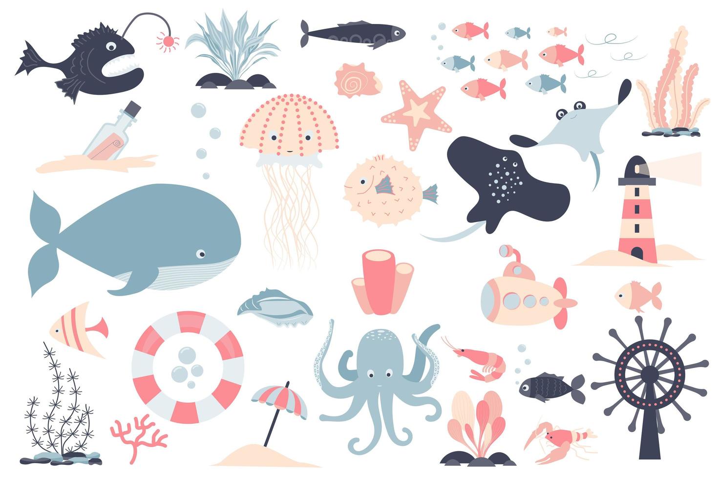 Sea creature and plants isolated elements set. Collection of fishes, crab, jellyfish, submarine, lighthouse and other. Underwater and marine compositions. Vector illustration in flat cartoon design