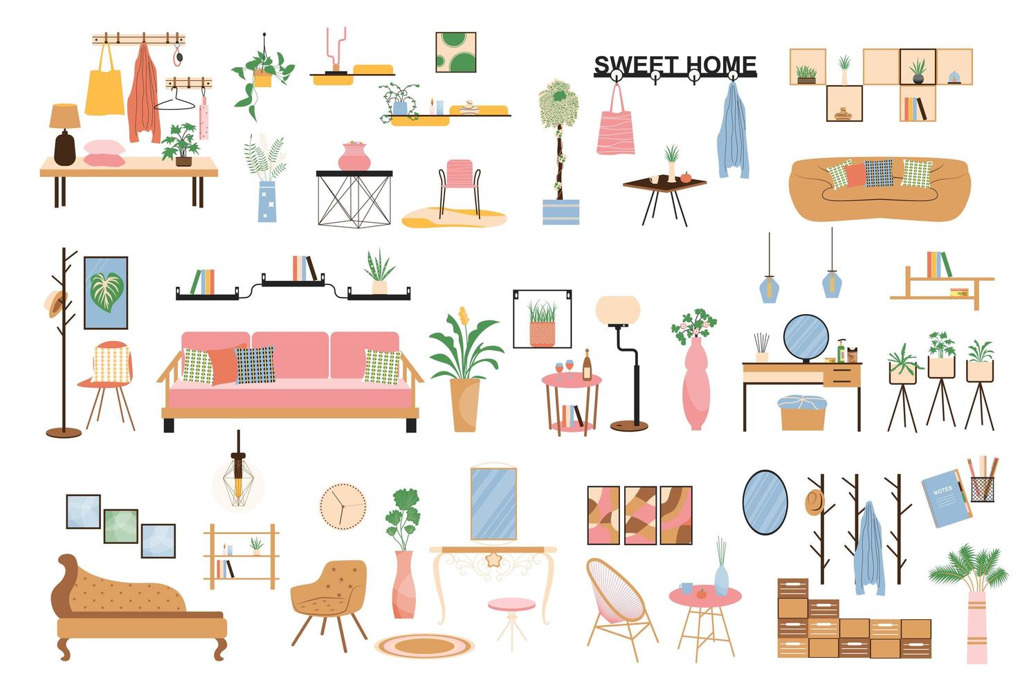 Interior and decor isolated elements set. Collection of sofa, armchair, lamp, tables, plants, carpets, chairs, shelves and other. Living room compositions. Vector illustration in flat cartoon design