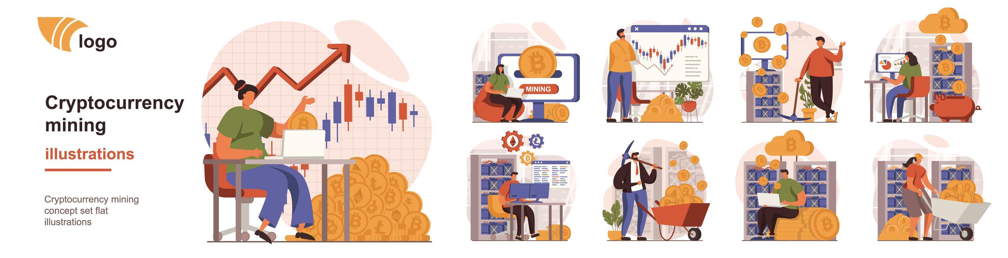 concepto de minería de criptomonedas situaciones de persona aislada. colección de escenas con personas que venden y compran bitcoins, analizan datos financieros, aumentan los ingresos. mega set. ilustración vectorial en diseño plano vector