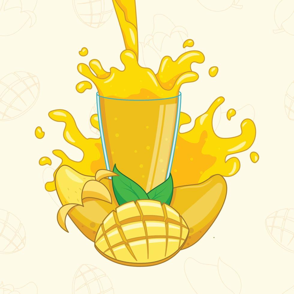 Splash de jugo de mango en vector de vidrio. Ilustración de jugo de mango.