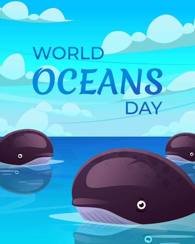 día mundial del océano con ballenas en el océano y el cielo azul. vector
