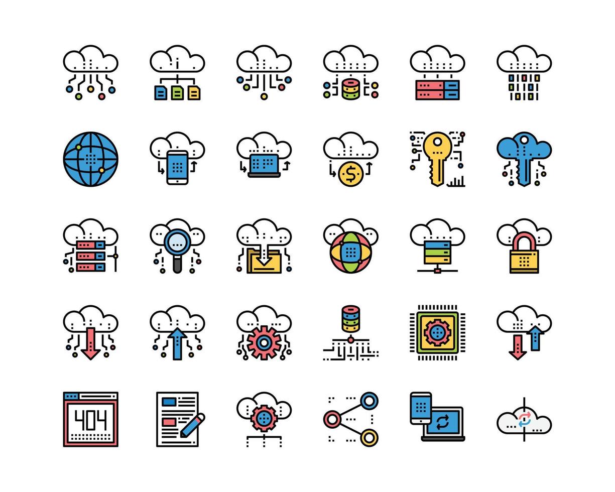 Vector de iconos de servicios de tecnología de datos en la nube, red, base de datos, descargar