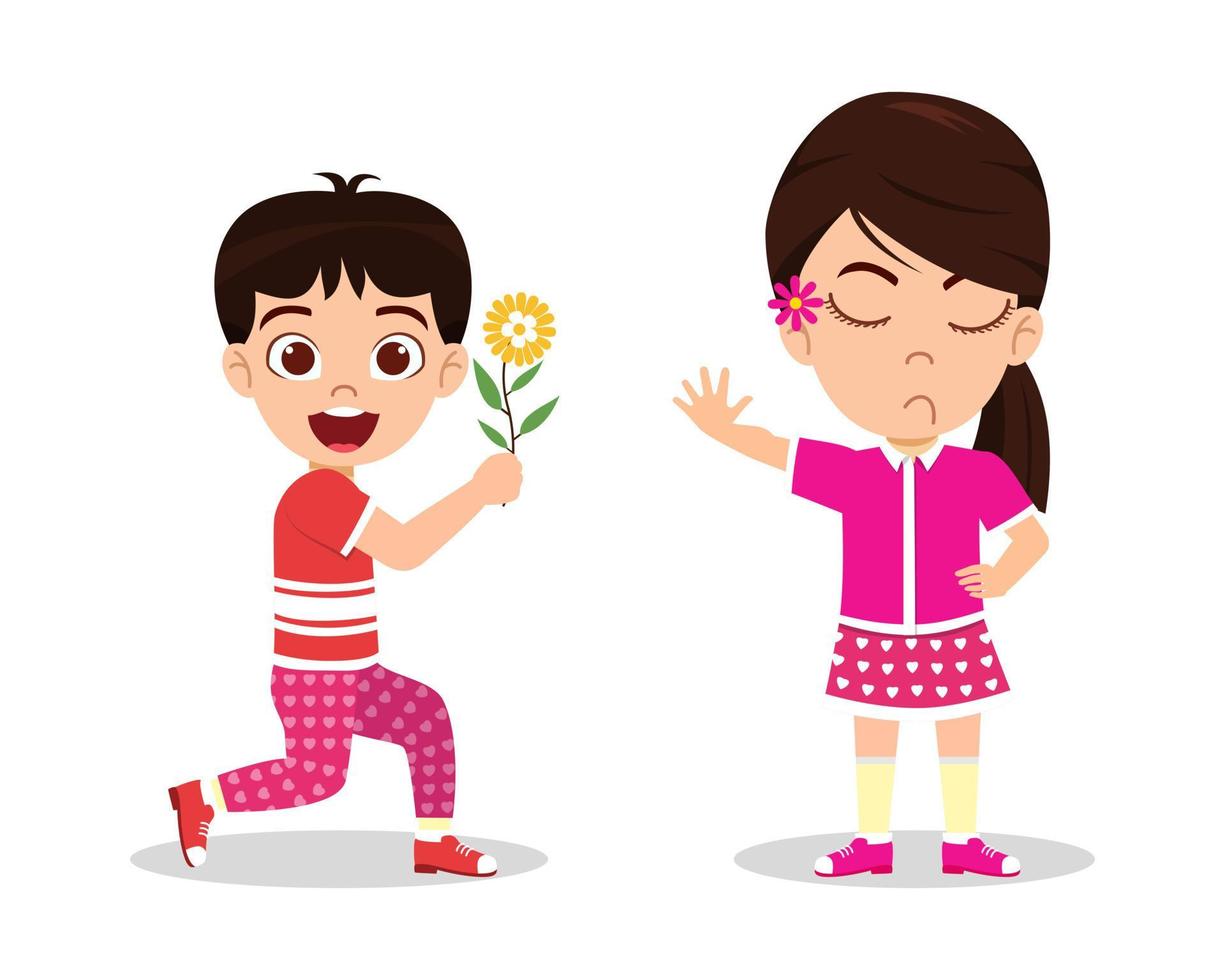 Cute kid boy character proposing with flower and kid girl character standing and refusing with cheerful expression vector