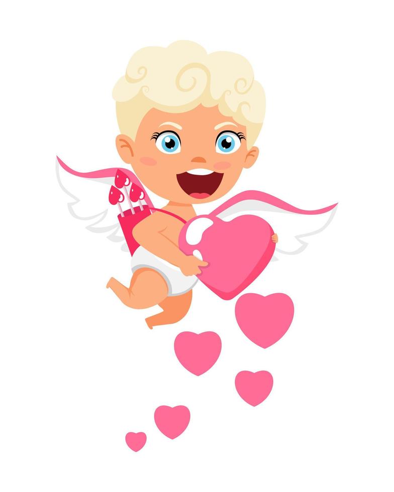 Happy cute cupid character with wings flying and holding hart shape placard vector