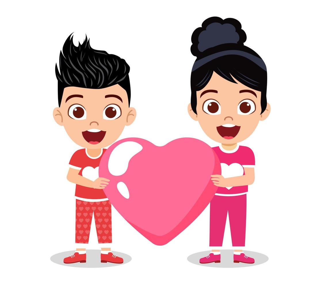 Happy cute kid boy and girl character standing and holding hart shape placard together isolated vector