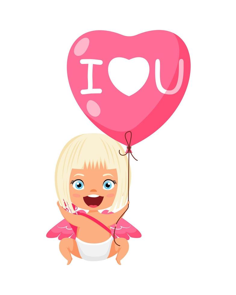 Happy cute cupid character with wings flying and holding hart shape love balloon I love you text vector