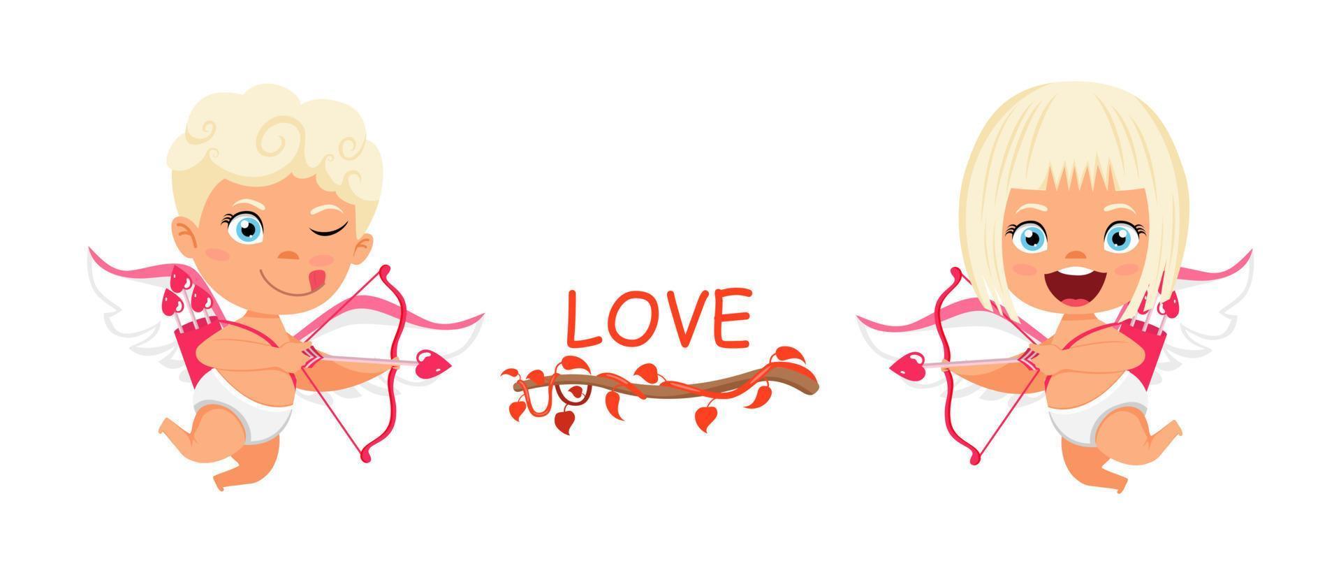 Happy cute cupid characters with wings and flying posing with arrow and pointing to love text with cheerful expression isolated vector