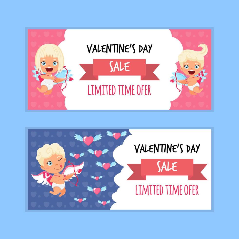 Cute valentine banner card with cupid character valentine sale vector