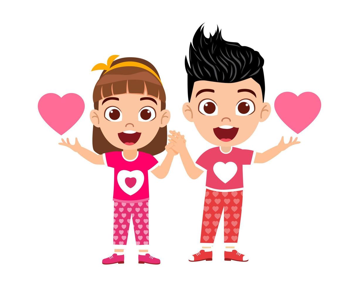 Happy cute kid boy and girl character standing and holding hands together and waving with hart shape symbol vector