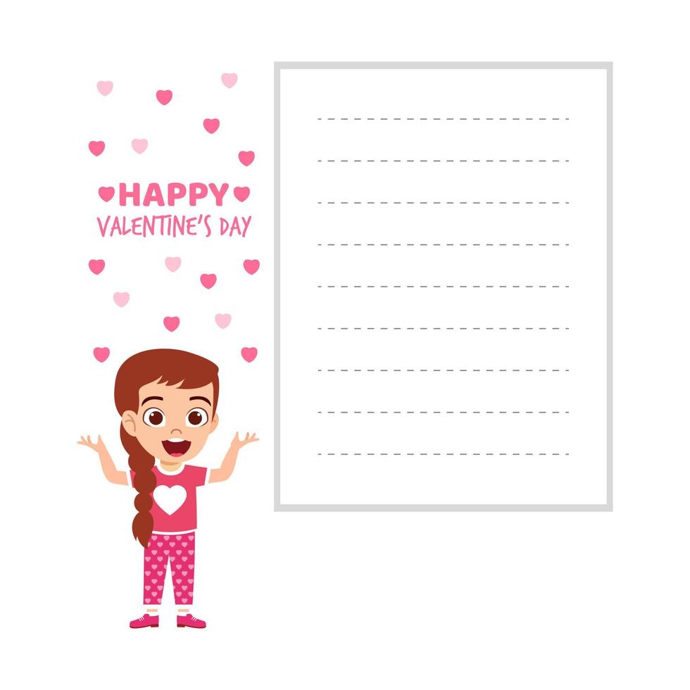 Happy cute beautiful kid girl character wearing t-shirt standing and waving with valentine text and empty placard vector