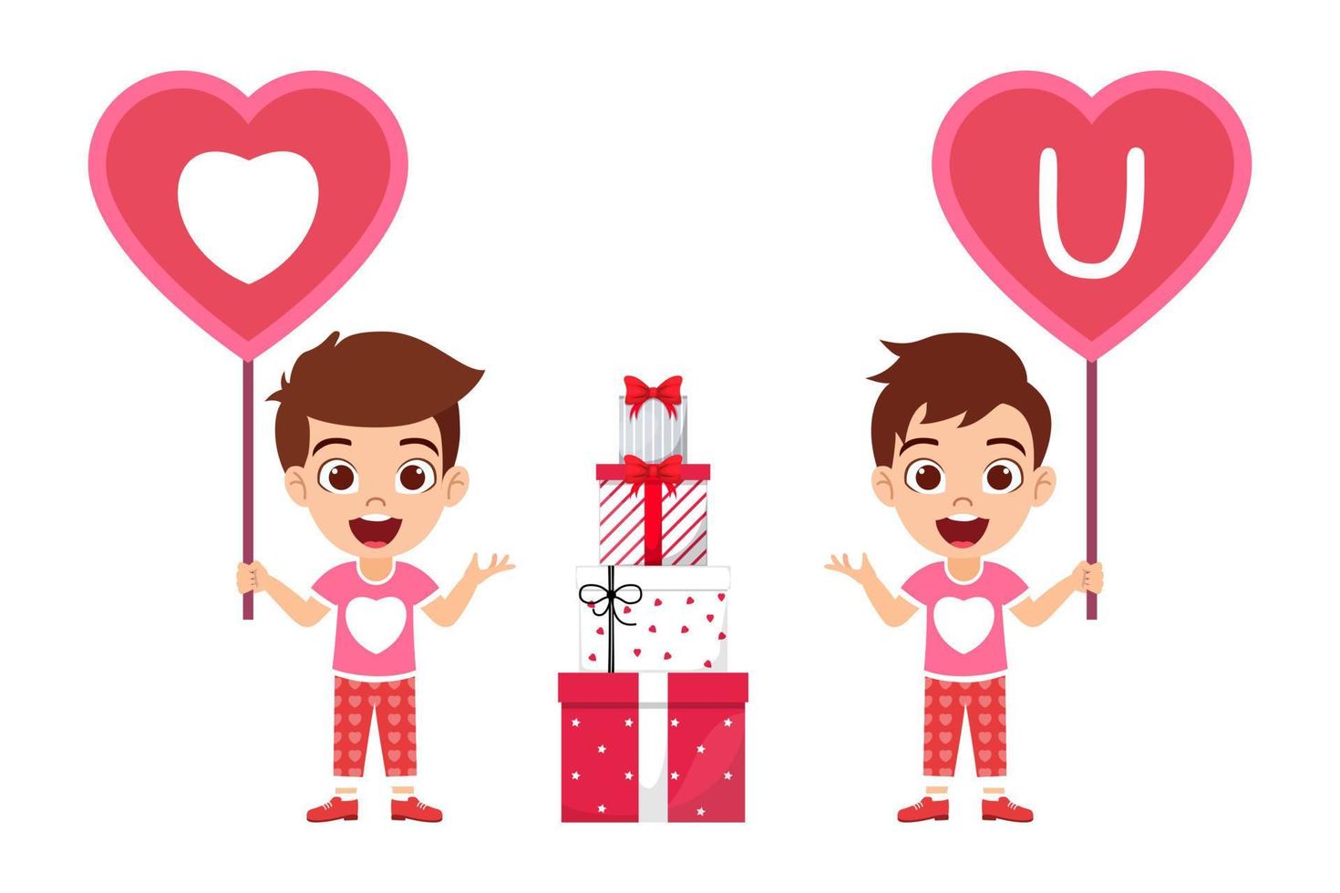 Happy cute beautiful kid character wearing t-shirt with hart shape symbol holding hart shape placard with gift boxes vector