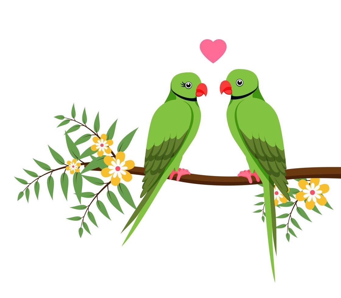 Two parrots on a branch with flowers and with hart shape symbol ...