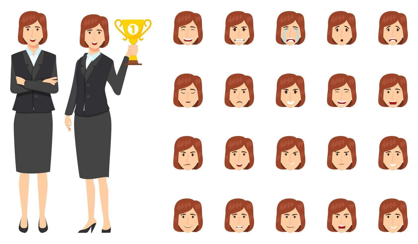 Businesswoman character set wearing business outfit with different facial expression and emotion sad angry happy excited unhappy cheerful isolated icon set vector