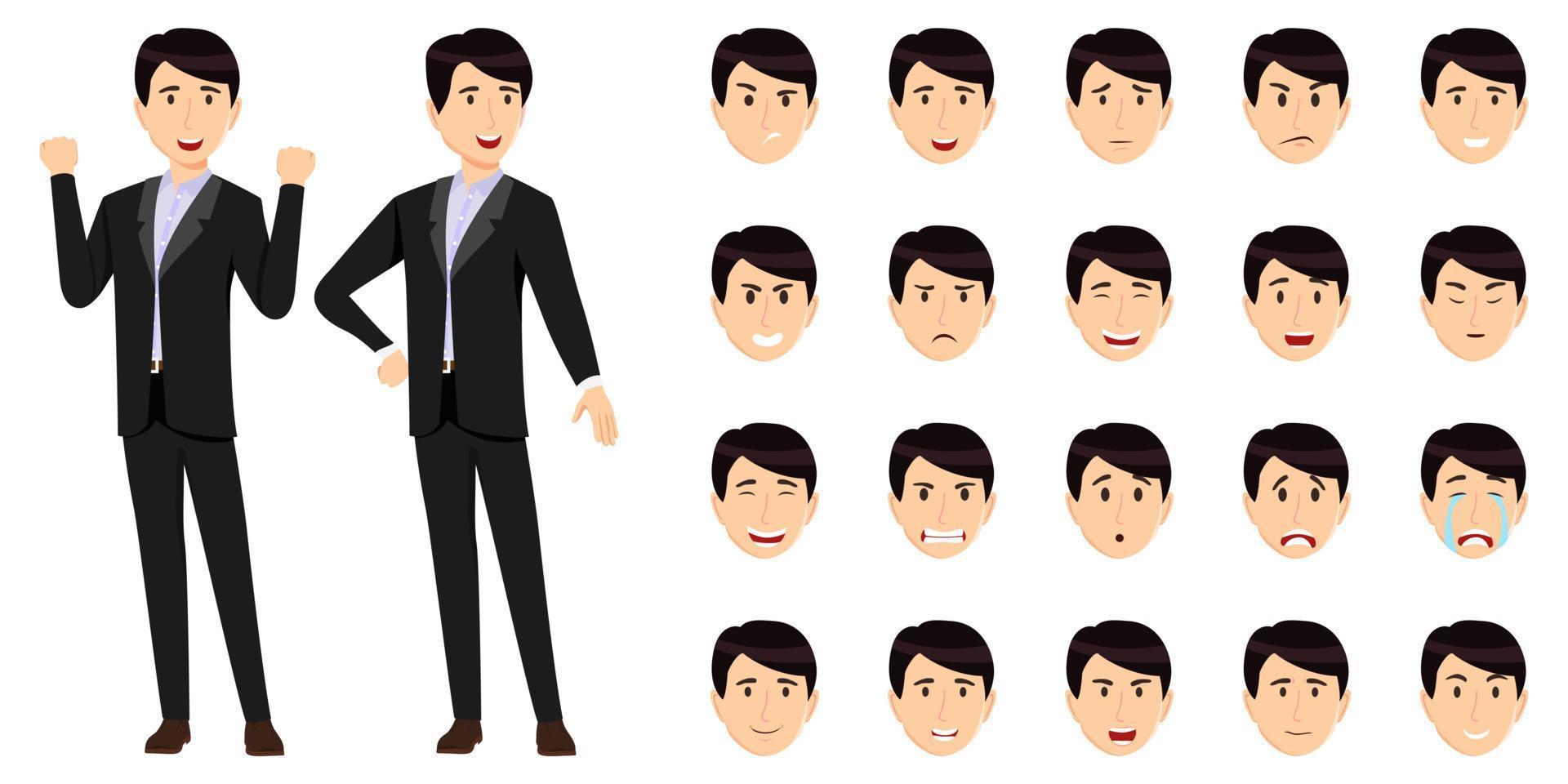 Businessman character set wearing business outfit with different facial expression and emotion sad angry happy cheerful isolated icon set posing vector