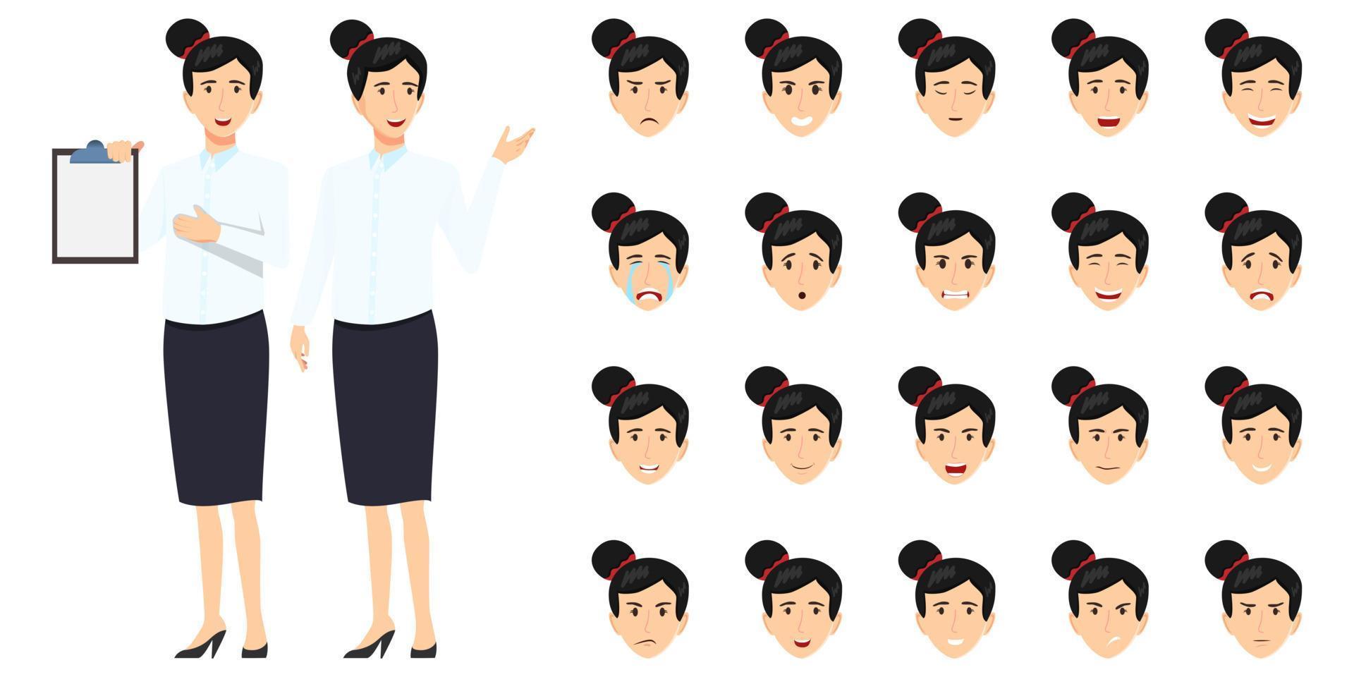 Businesswoman character set wearing business outfit with different facial expression and emotion angry happy excited unhappy cry cheerful posing standing isolated icon set vector