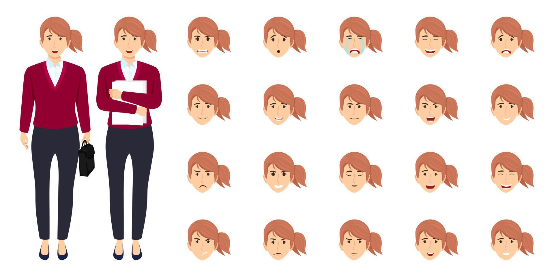 Businesswoman character set wearing business outfit with different facial expression and emotion angry happy excited unhappy cry sad cheerful posing standing isolated icon set vector