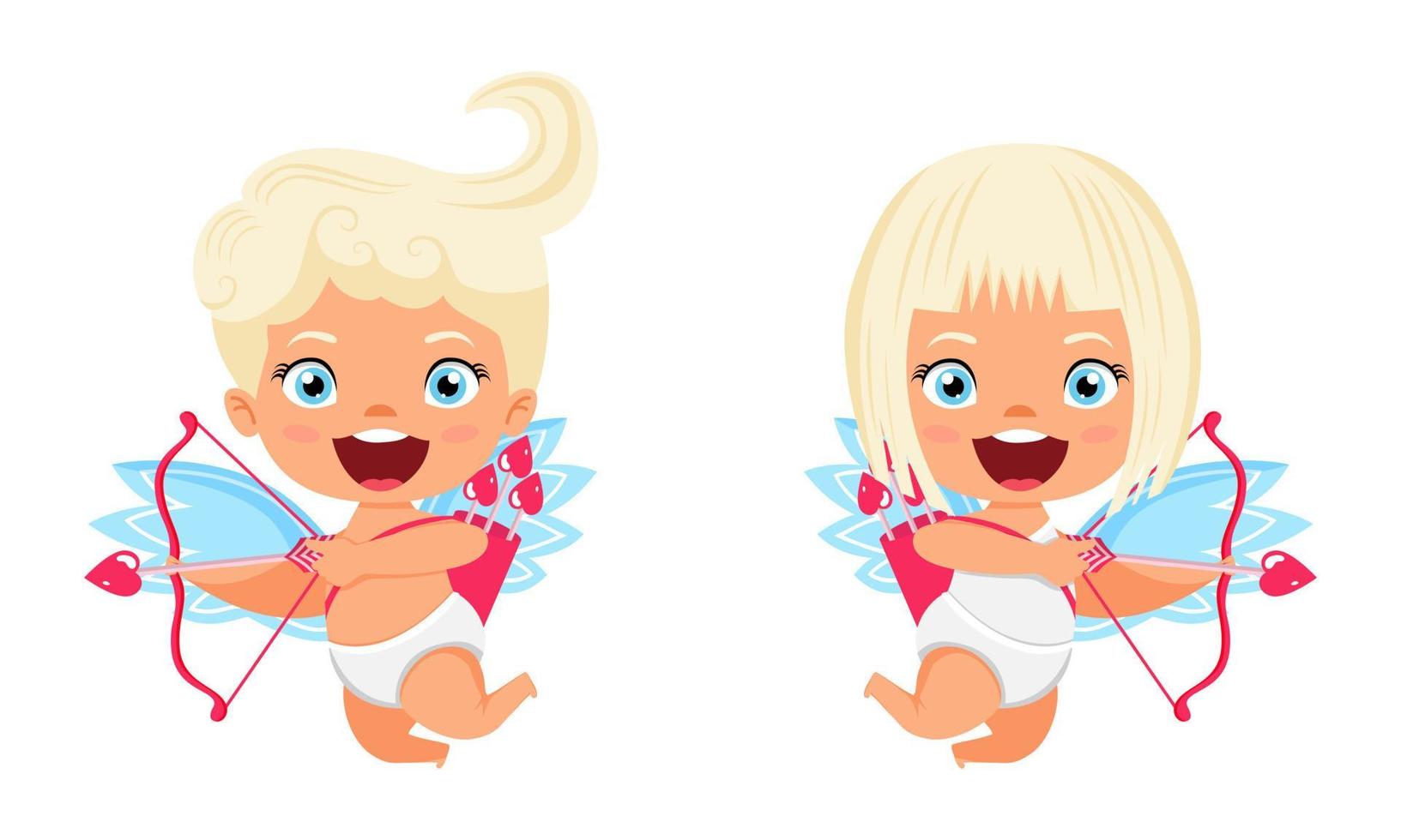 Happy cute cupid characters with wings and flying posing opposite direction with arrow with cheerful expression vector