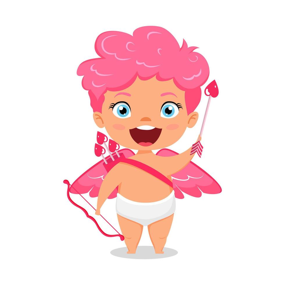 Feliz lindo personaje de Cupido con alas y de pie posando con flecha con expresión alegre vector