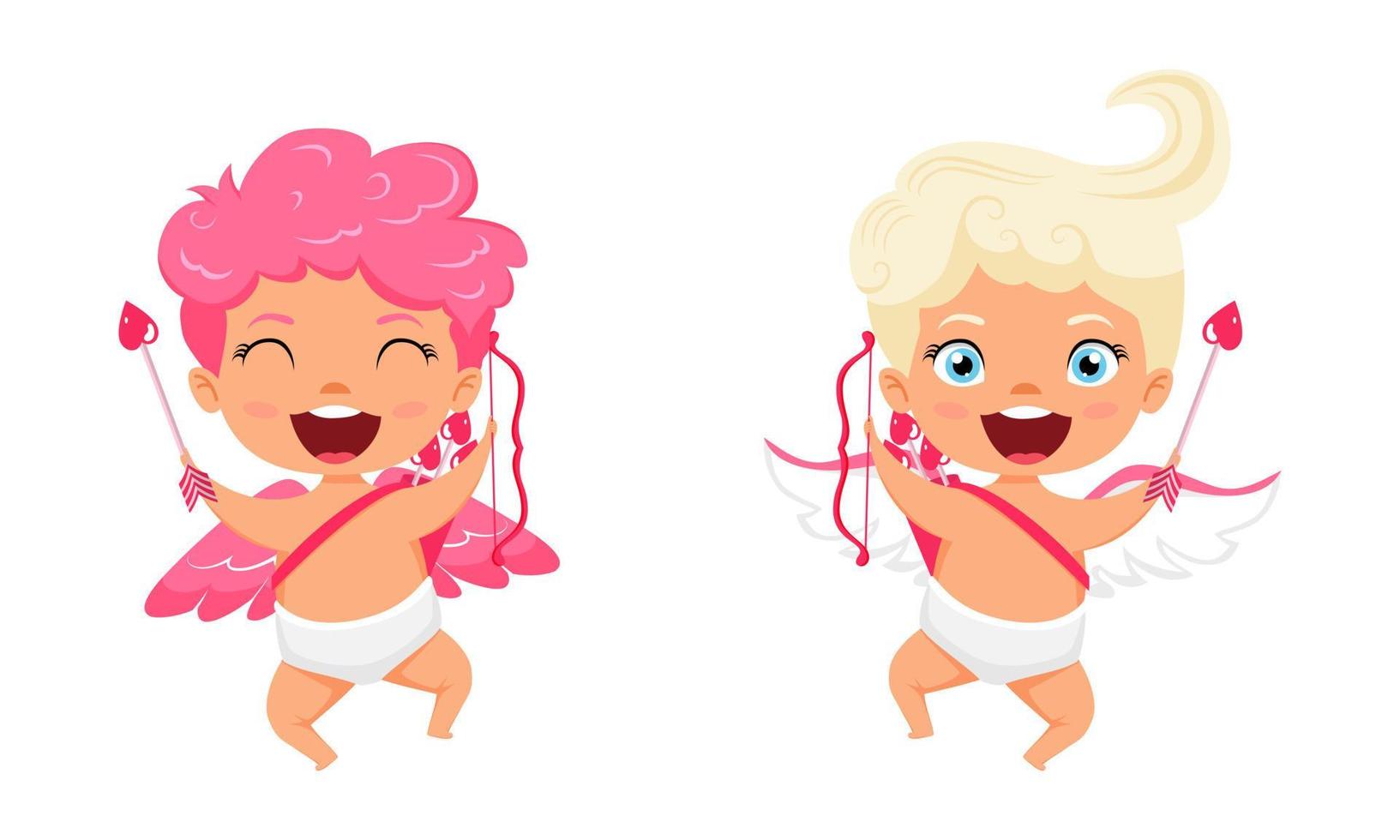 Happy cute cupid characters with wings and jumping posing with arrow with cheerful expression vector