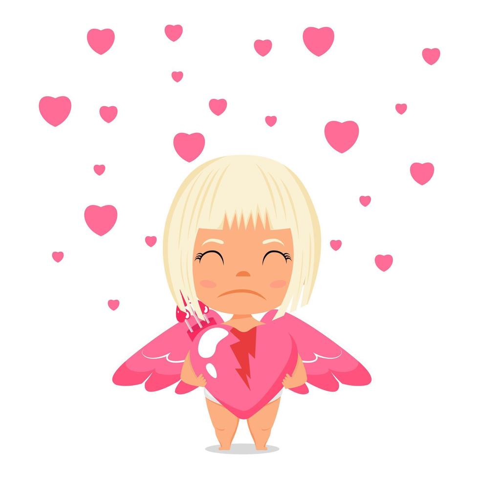 Happy cute cupid character with wings and standing holding broken hart shape placard with unhappy expression vector