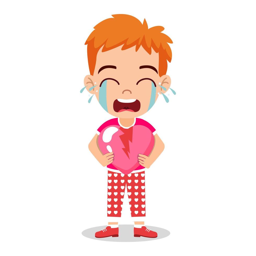 Cute kid boy character standing and holding broken hart  shape placard and crying vector