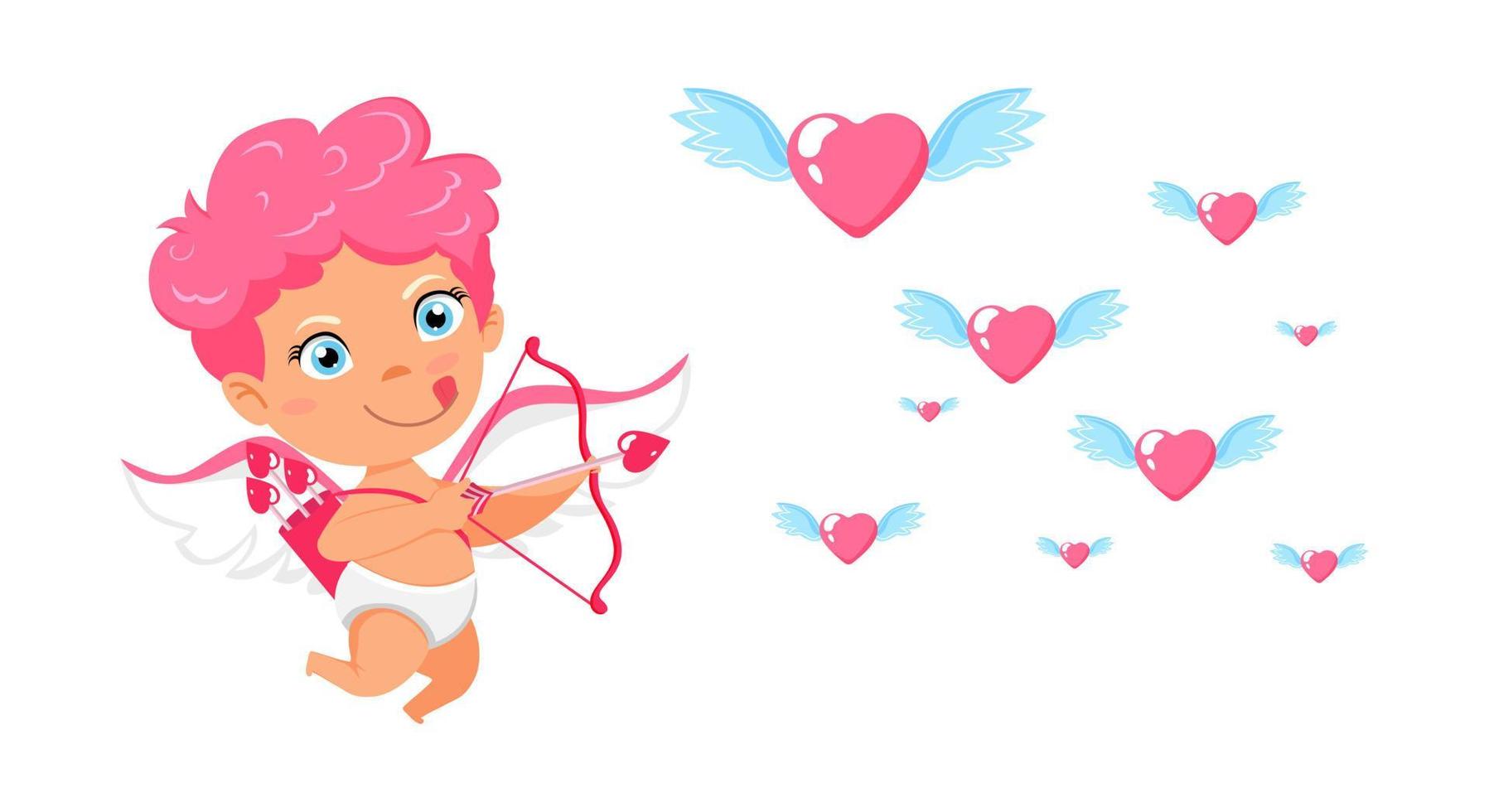 Feliz lindo personaje de Cupido con alas volando y apuntando a una carta voladora con expresión alegre aislada vector