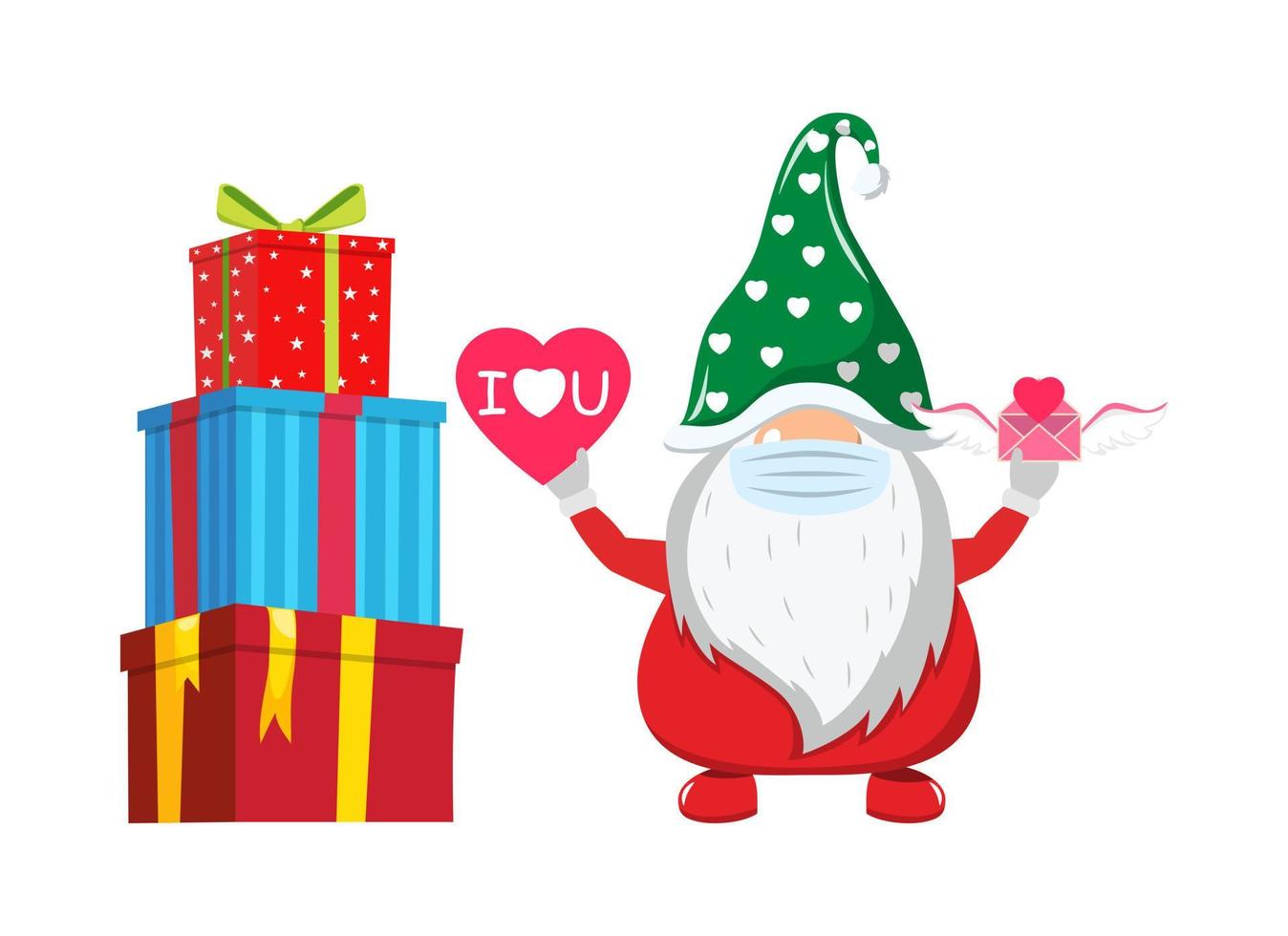 Cute beautiful Santa character wearing mask and holding hart shape love placard and valentine letter with I love you text and with gift boxes vector