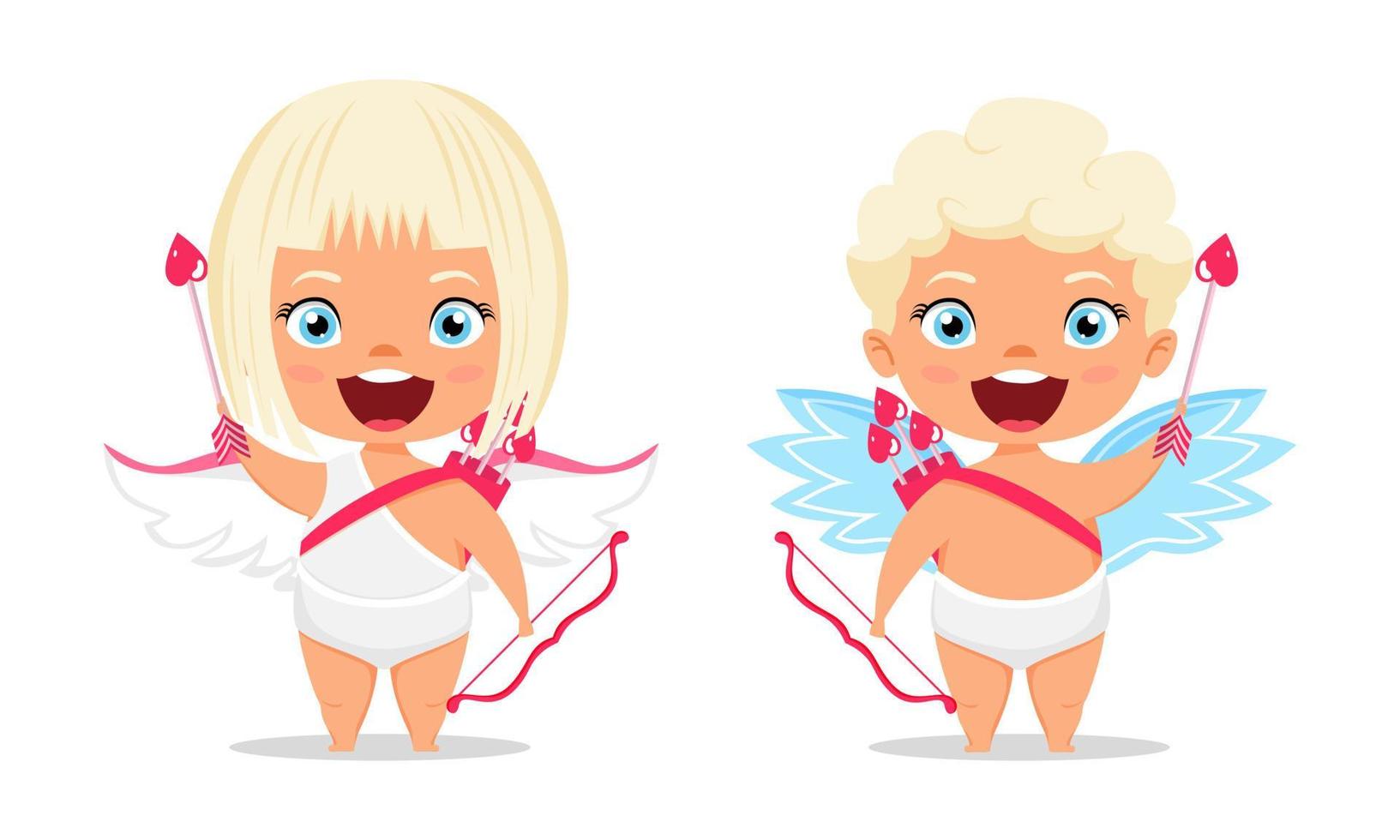 Happy cute cupid characters with wings and standing posing with arrow with cheerful expression vector