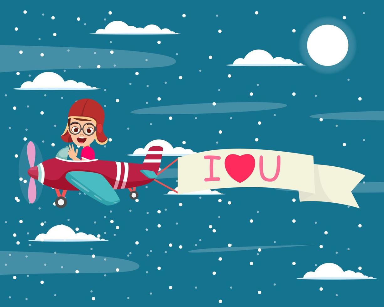 Happy cute kid boy character flying with air plane with valentine banner placard with I love you text on sky background vector