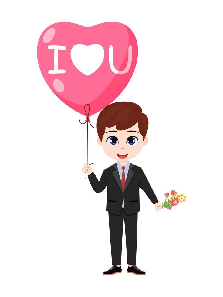 Feliz personaje de niño lindo de pie y sosteniendo un globo de amor en forma de corazón de San Valentín con flores vector