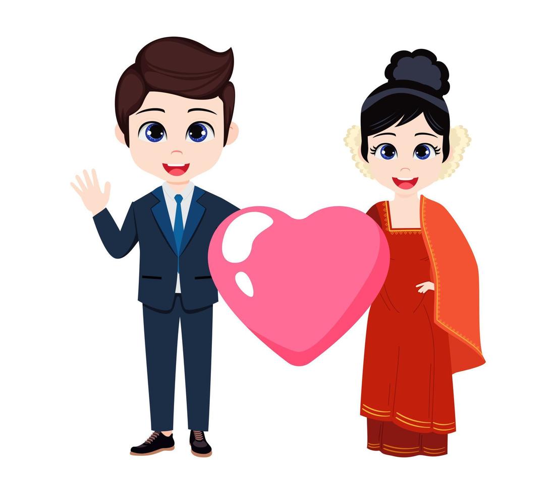 Happy cute boy and girl character standing and holding hart shape love placard vector