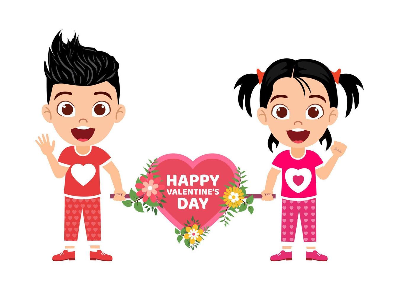 Happy cute beautiful kid boy and girl character wearing t-shirt standing and holding hart shape placard board with valentine text with flowers vector
