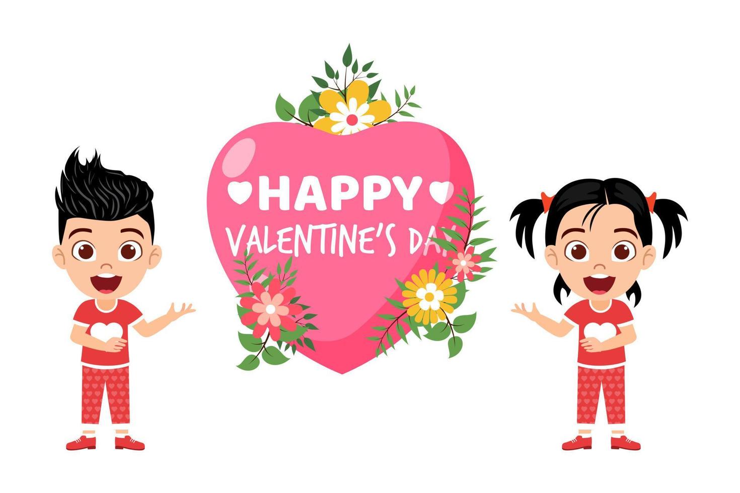 Happy cute kid boy and girl character standing and pointing to hart shape placard with flowers and pointing to vector